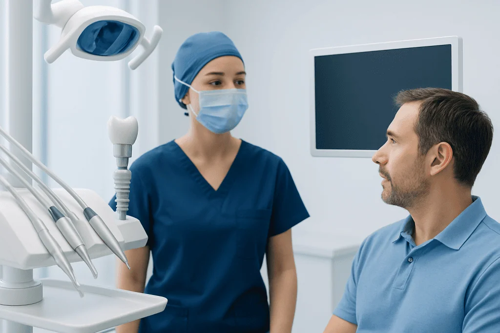 Dentist consulting with patient in a modern dental clinic.