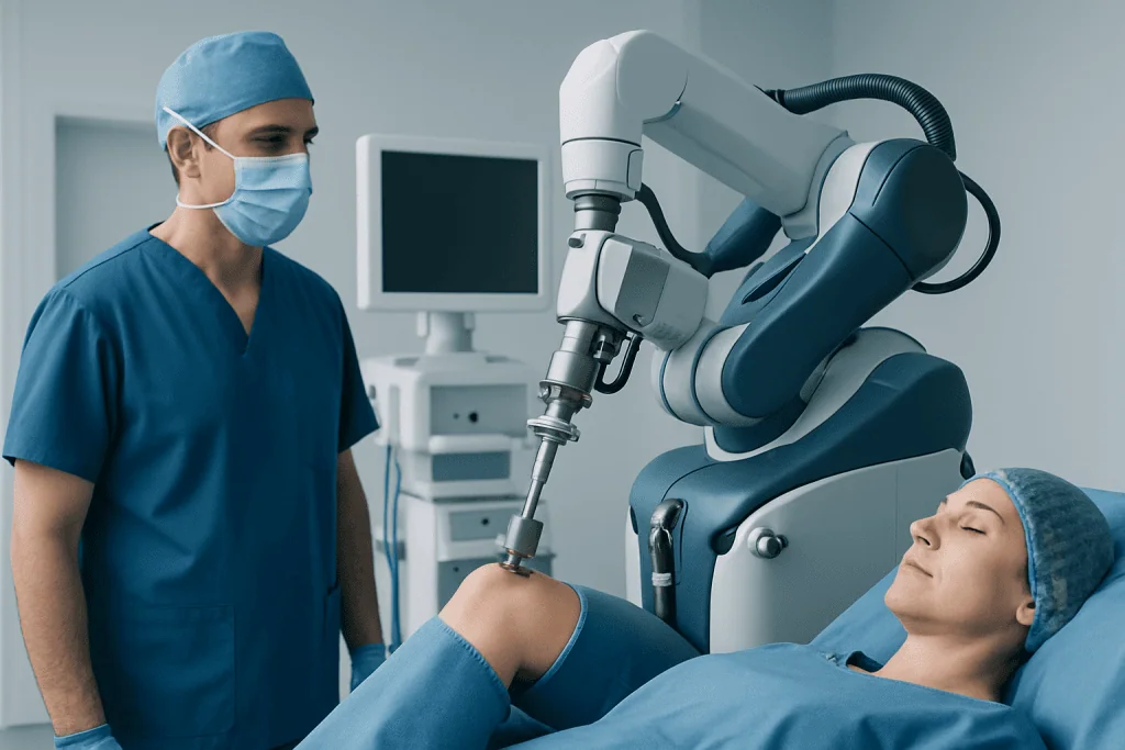 Surgeon performing robotic knee surgery at Acibadem Hospital.