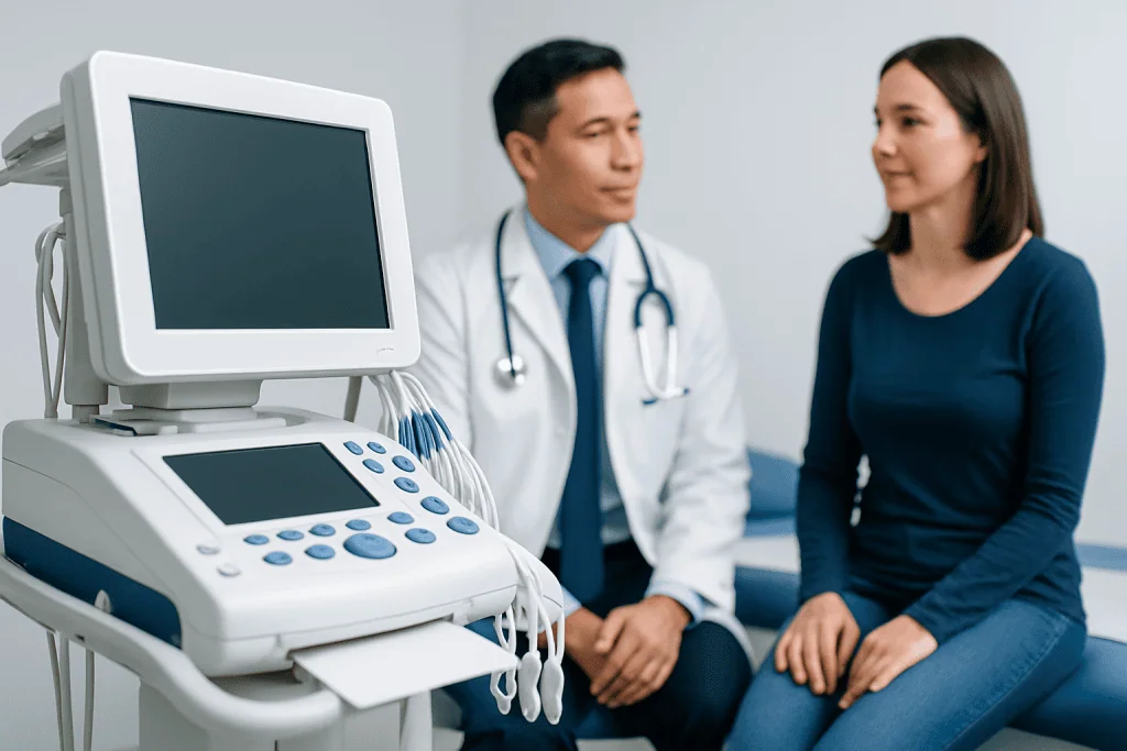 Medical consultation with ultrasound device at Acibadem Hospital.