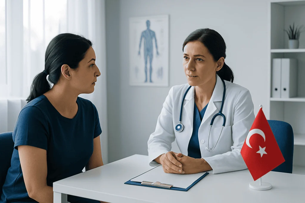 Doctor consulting a patient in a medical office with Turkish flag on desk.