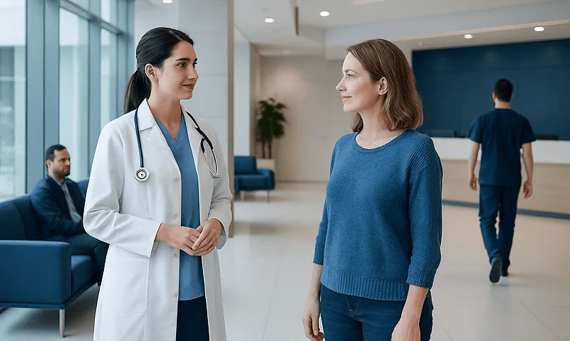Doctor talking to a patient in a modern hospital lobby.