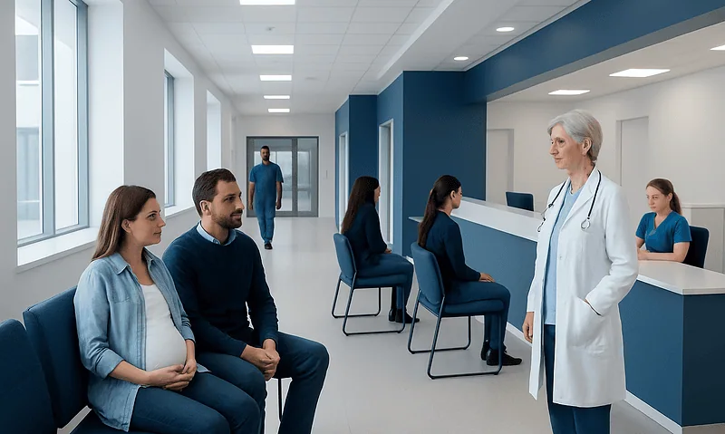 How Much Does IVF Cost in Turkey? 12 Patients waiting in a modern IVF clinic reception area with a doctor.