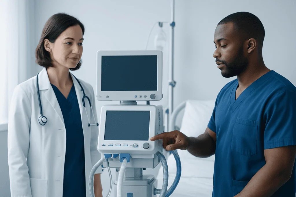 Medical professionals discussing patient care with medical equipment in hospital.