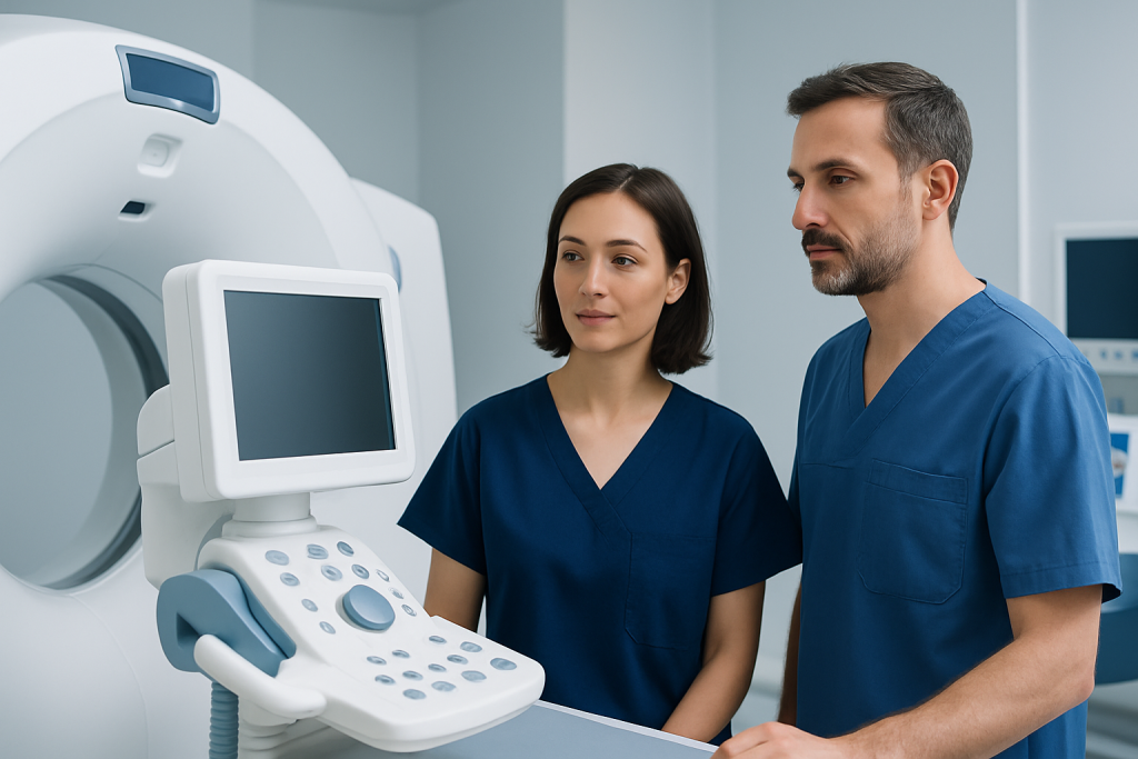 Medical professionals operating advanced imaging equipment at Acibadem Hospital.