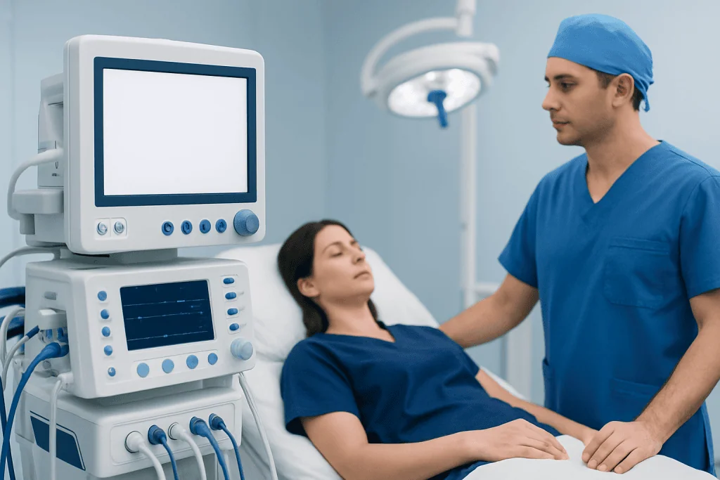 Medical professional monitoring patient in hospital room with advanced equipment.