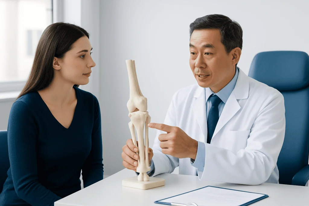 Orthopedic doctor explaining joint anatomy to a patient with a model.