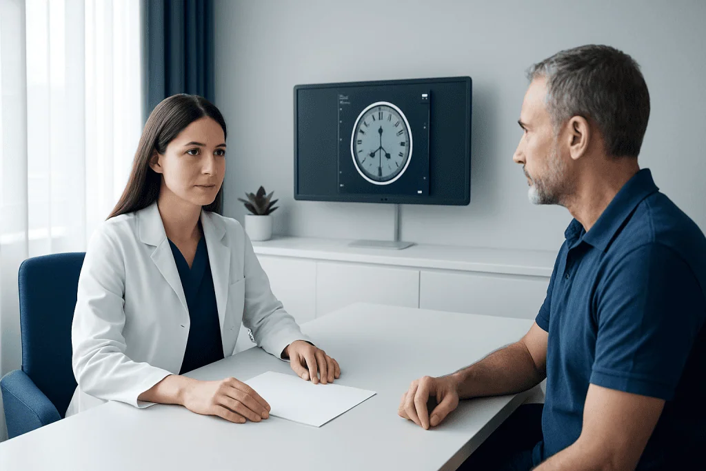 Doctor consulting with patient in a modern hospital room with a clock on the screen.