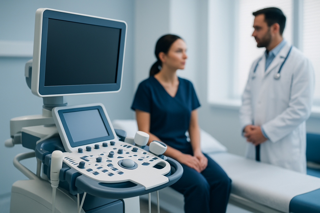 Medical consultation with ultrasound equipment in a hospital setting.
