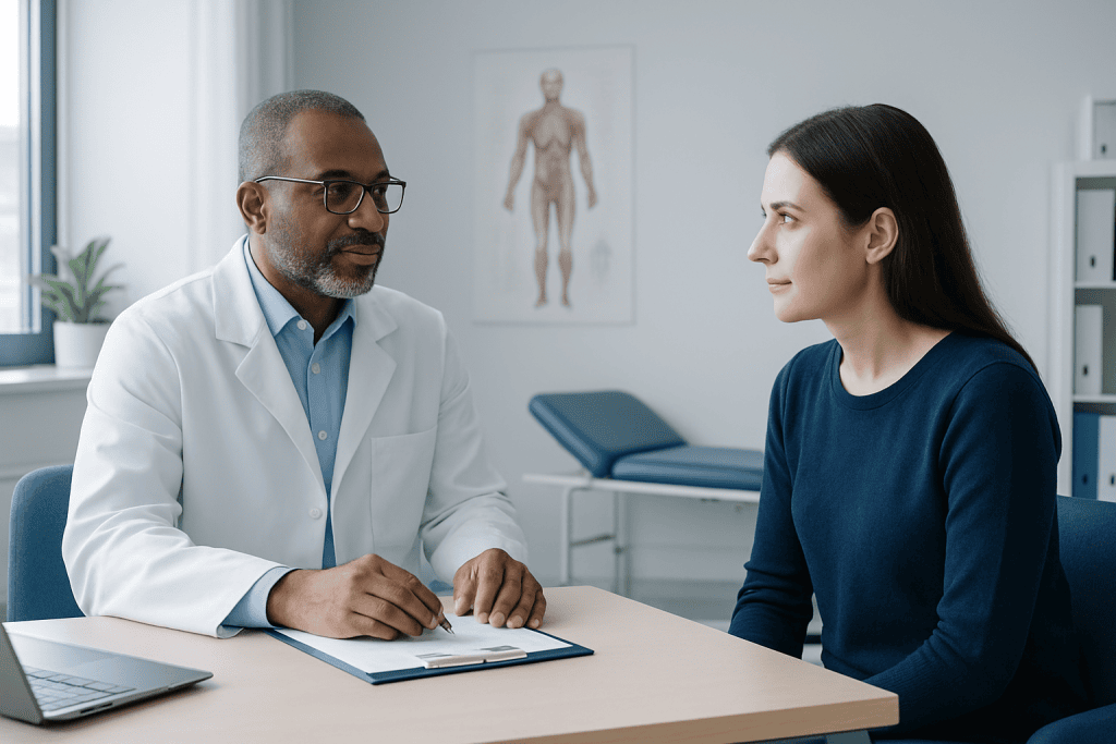 Doctor consulting with a patient in a modern medical office.