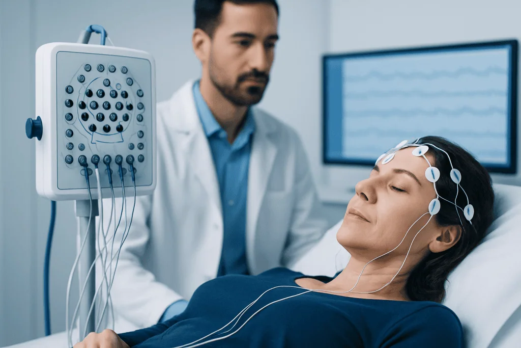 Patient undergoing a sleep study with EEG monitoring at Acibadem Hospitals.