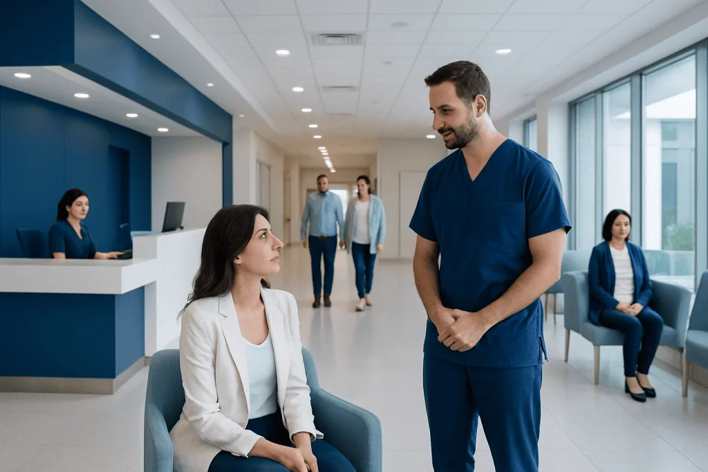 At Acibadem, How We Support You with Language, Translation, and International Coordination 1 Healthcare professionals communicating in a modern hospital lobby.