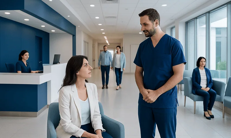Healthcare professionals communicating in a modern hospital lobby.