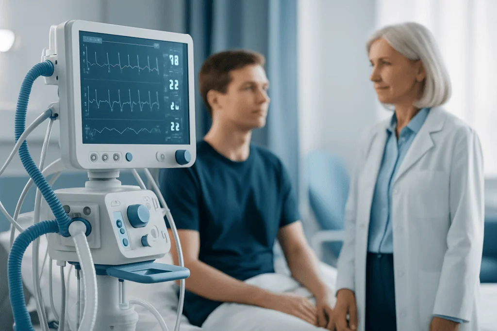 Doctor consulting with patient in hospital room with monitoring equipment.