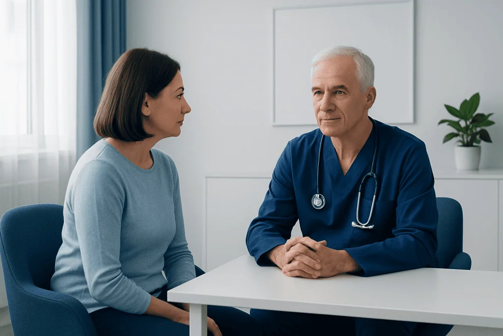 Doctor consulting with a female patient in a modern clinic setting.