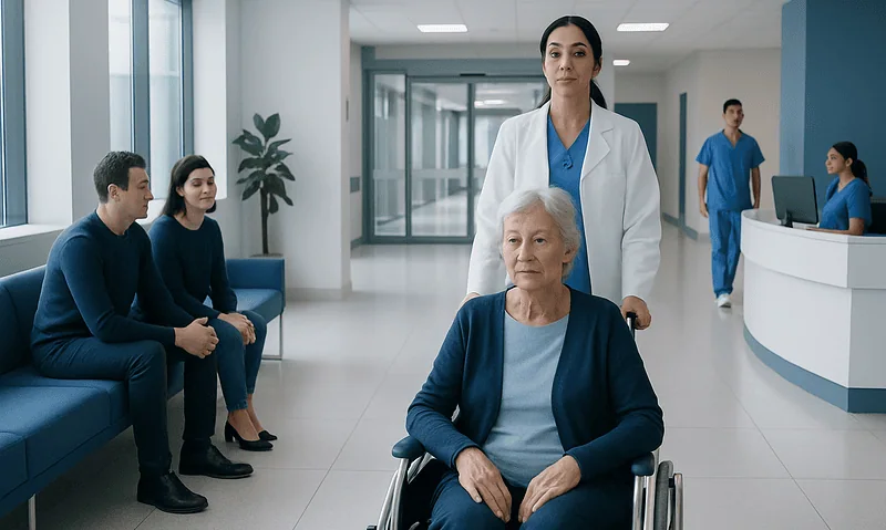 Hospital staff assisting elderly patient in a modern healthcare facility.