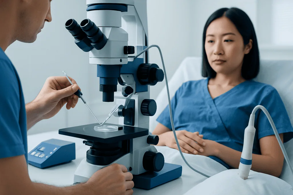 Fertility specialist preparing for an IVF procedure with a microscope.