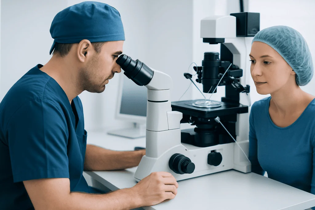 Fertility specialist examining sperm sample with microscope at clinic.