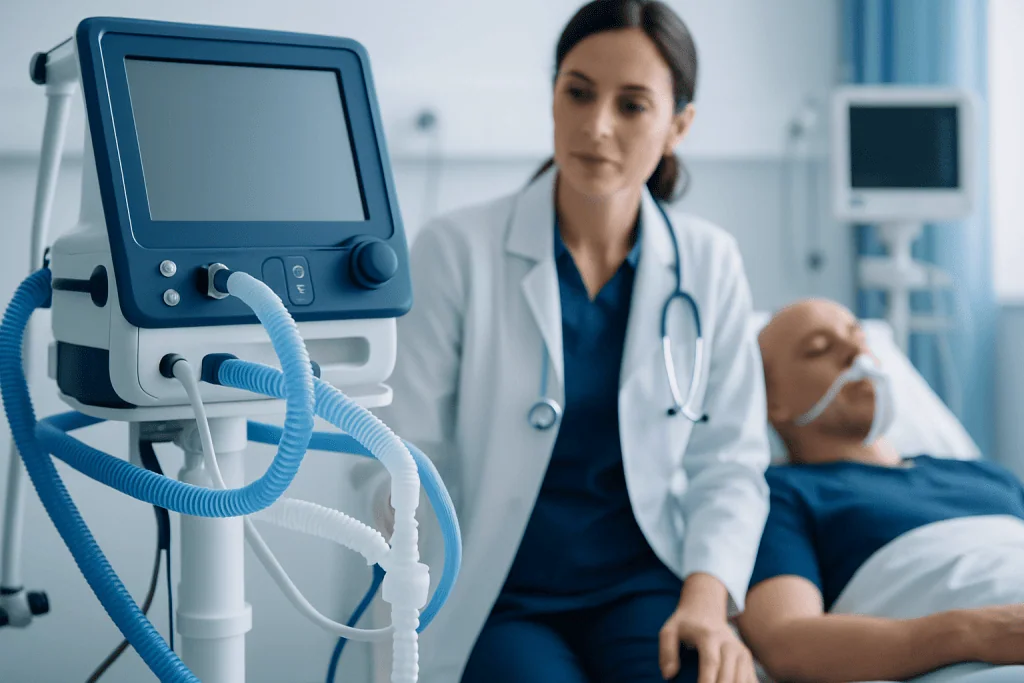 Medical professional monitoring a patient with ventilator in hospital.