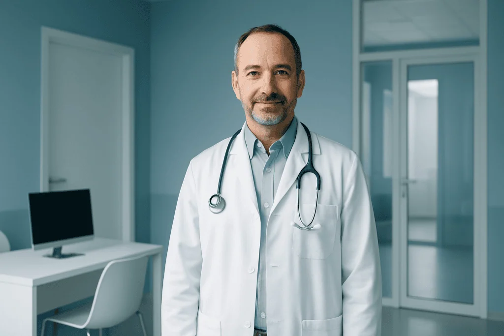 What Makes a Hospital Strong for Mobility Recovery with Multidisciplinary Teams 1 Doctor in a hospital setting with stethoscope, promoting healthcare excellence.