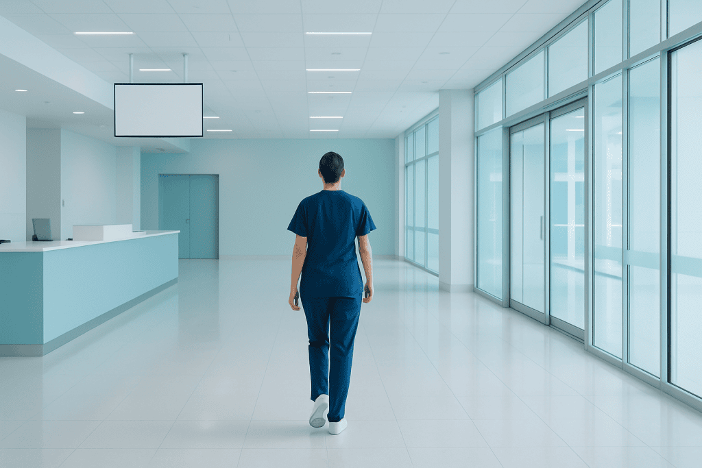 What Makes a Hospital Strong for Sleep Disorder Diagnostics with Personalized Care 1 Healthcare professional walking in a modern hospital corridor with large windows.