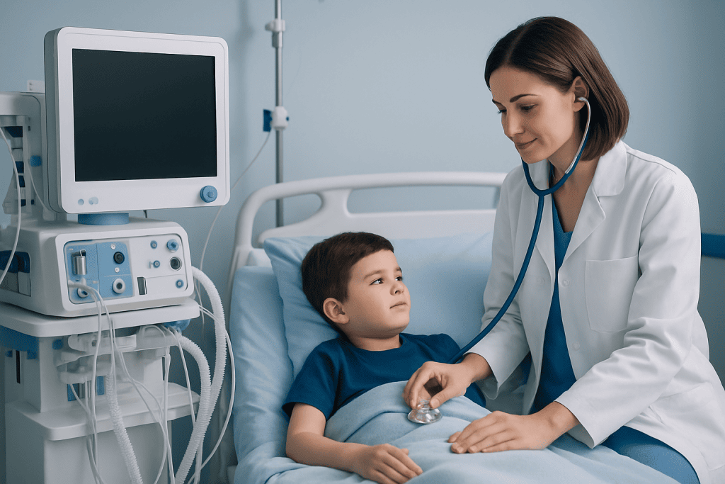 Pediatric doctor examining a young boy in hospital bed with medical equipment nearby.