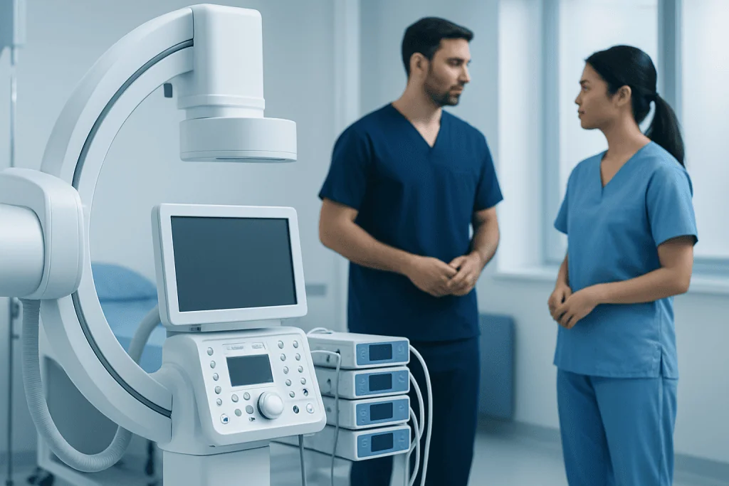 Medical professionals discussing in a hospital imaging room with advanced equipment.