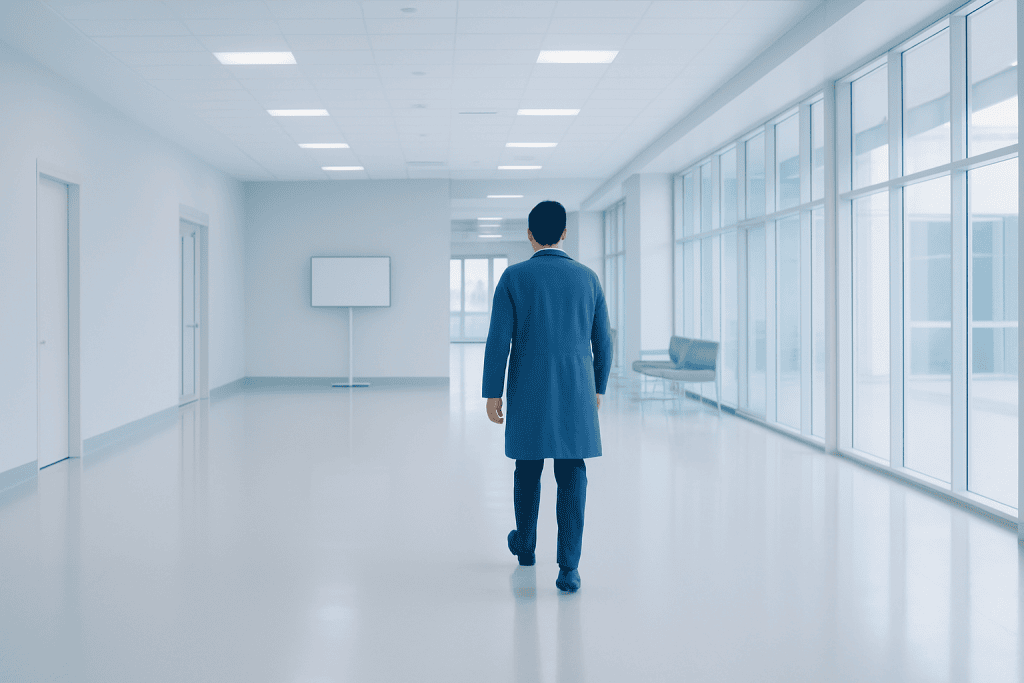 What Makes Modern Leukemia Treatment Different Today with Safer Recovery Support 1 Doctor walking in a modern hospital corridor with large windows and bright lighting.