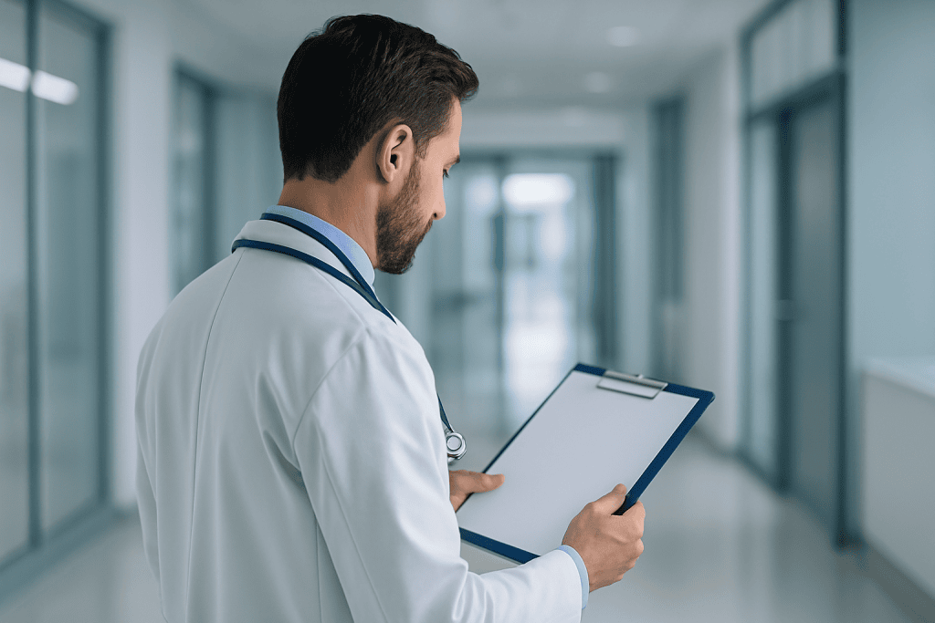 What Makes Modern Stroke Rehabilitation Different Today for American Patients 1 Doctor reviewing patient notes in a modern hospital corridor.