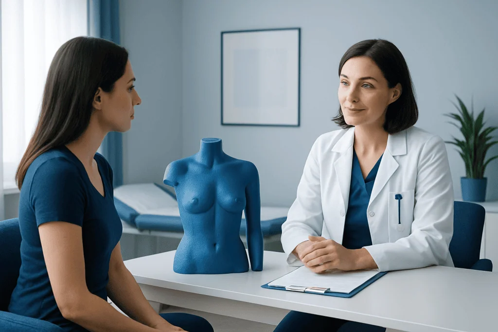 Doctor consulting patient in a medical office with a torso model.