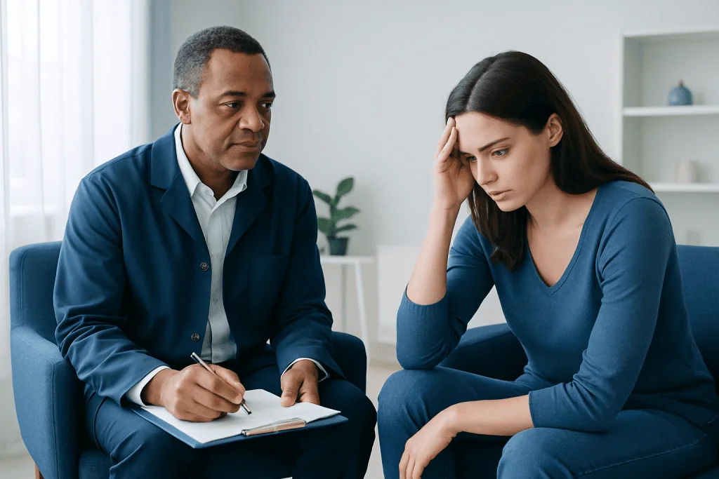 Therapist listening to a young woman with a headache in a counseling session.