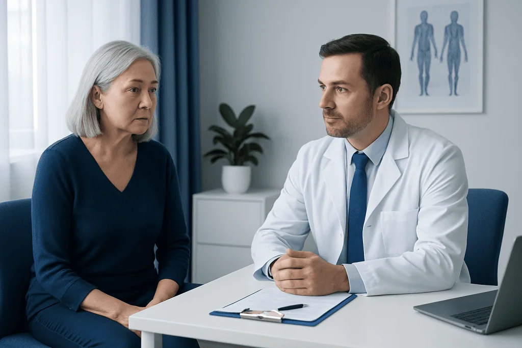 Doctor consulting with an elderly female patient in a medical office.