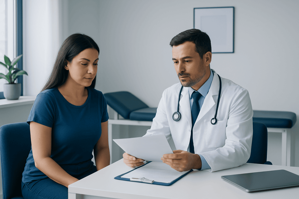 Doctor consulting with a patient in a modern medical office.