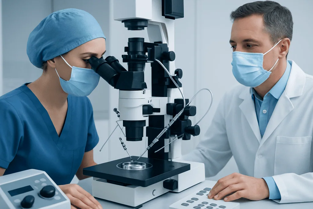 Medical professionals using a microscope in a laboratory setting at Acibadem Hospitals.
