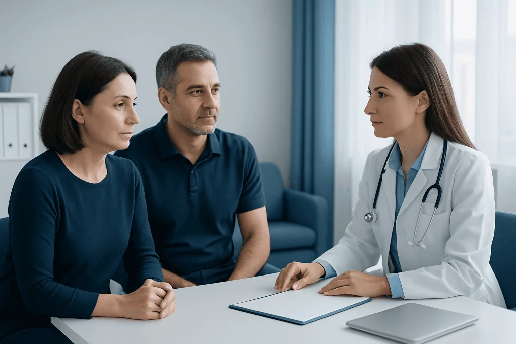 Doctor consulting with a couple in a medical office setting.
