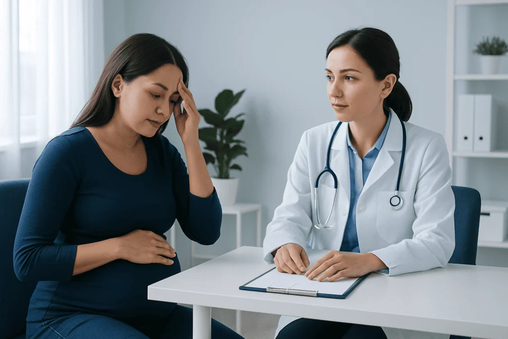Pregnant woman consulting with doctor about headache symptoms.