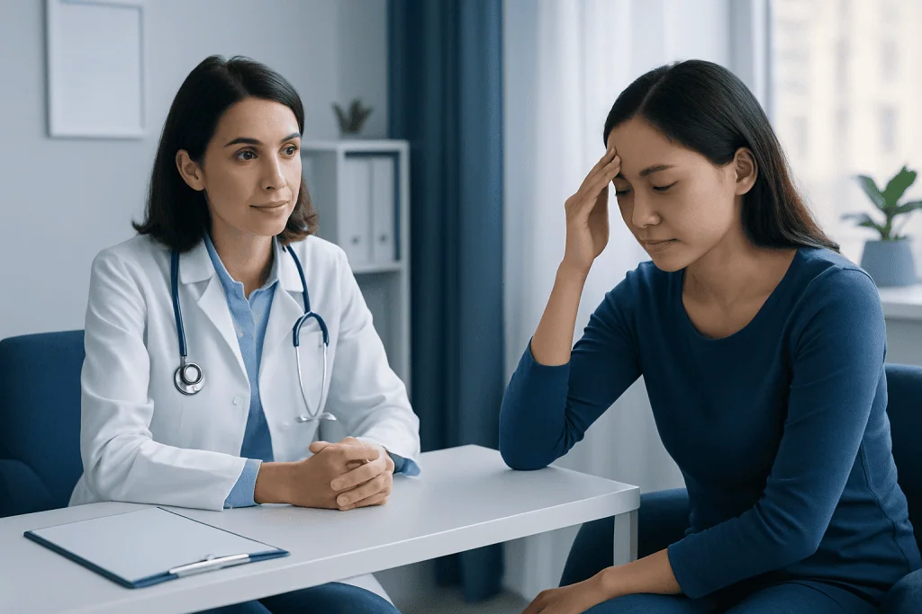 Doctor consulting with a patient experiencing headache in a clinic setting.