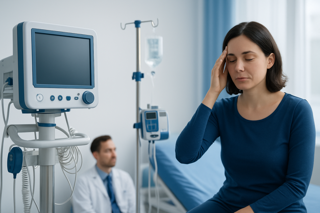 Woman experiencing headache in hospital room with medical equipment.