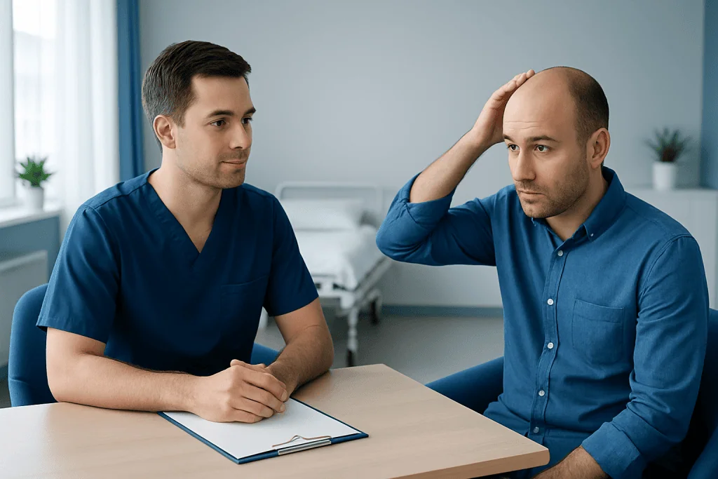 Consultation between a doctor and patient about hair transplant options at Acibadem Hospitals.