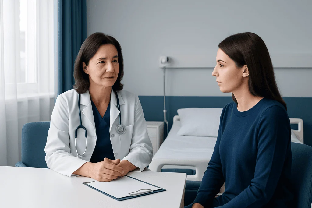 Doctor consulting with a patient in a hospital room.