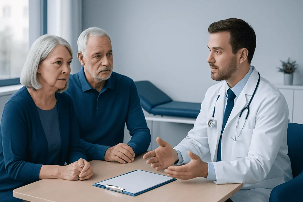 Doctor consulting with elderly couple in a hospital setting.