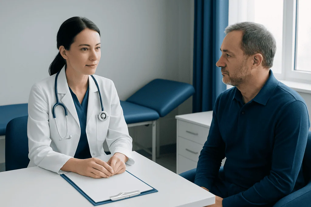 Doctor consulting with a patient in a modern medical office.