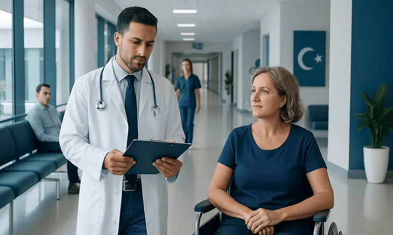 Doctor consulting a female patient in a hospital corridor.
