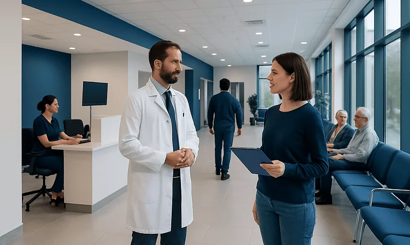 Doctor and patient discussing in hospital corridor with waiting area.
