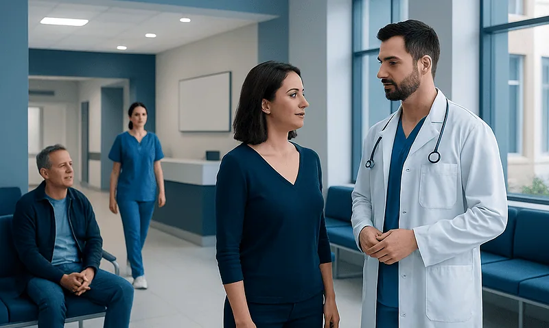 Doctor consulting female patient in hospital corridor with staff in background.