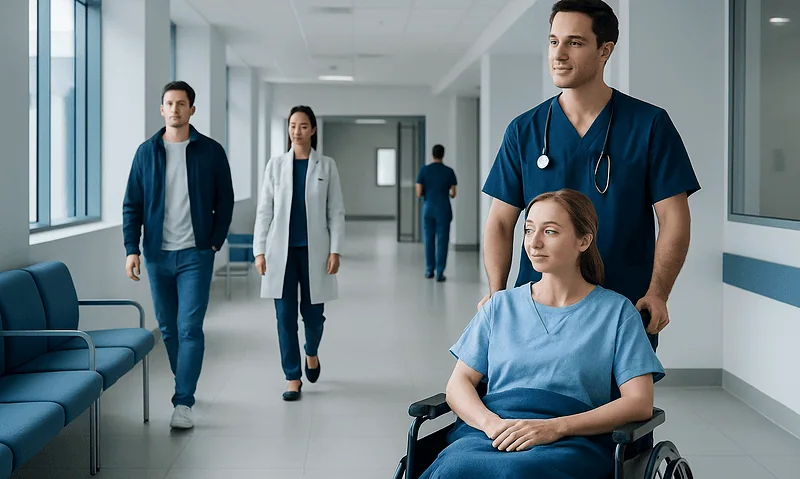 Healthcare professionals and a patient in a hospital corridor.