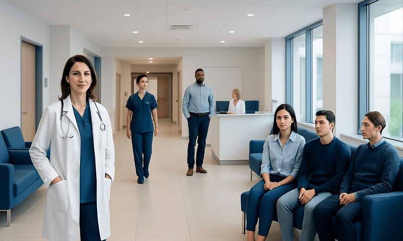 Medical staff and patients in a modern hospital waiting area.