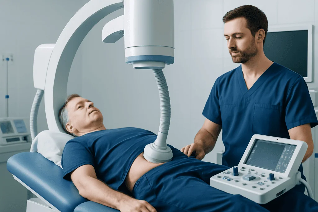 Urologist performs kidney scan on male patient in hospital.