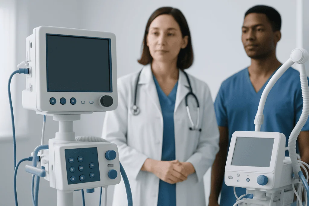 Medical professionals with ventilator equipment in a hospital setting.