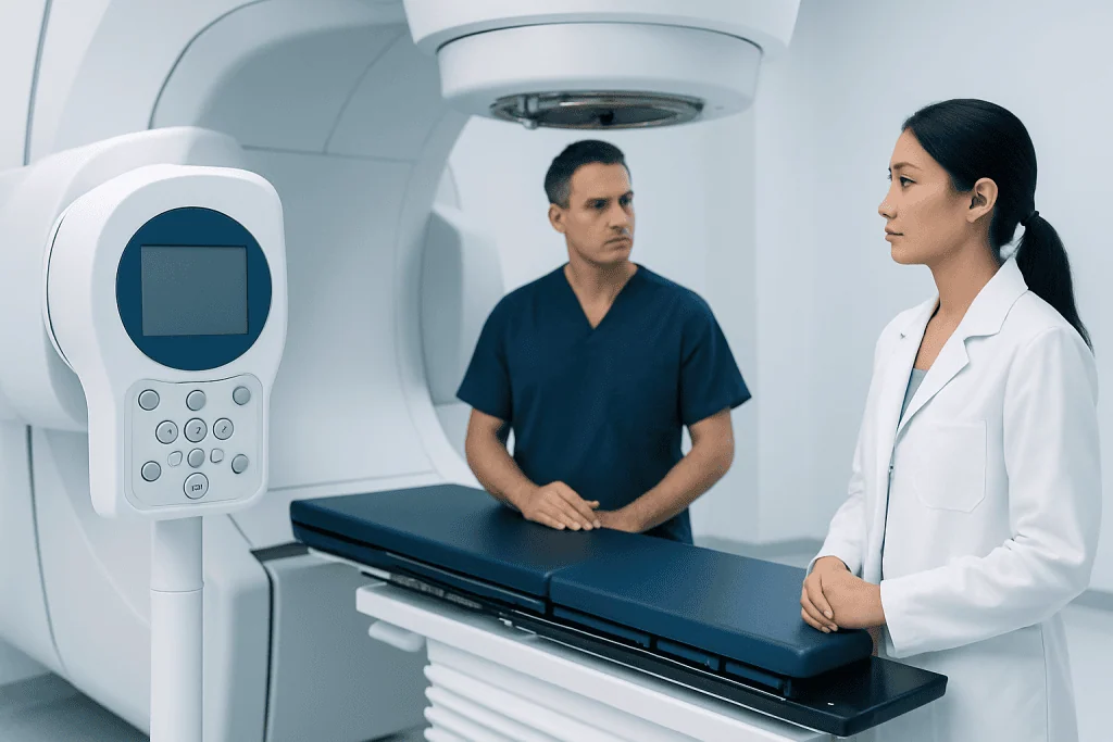 Medical professionals preparing for a radiation therapy procedure at Acibadem Hospital.