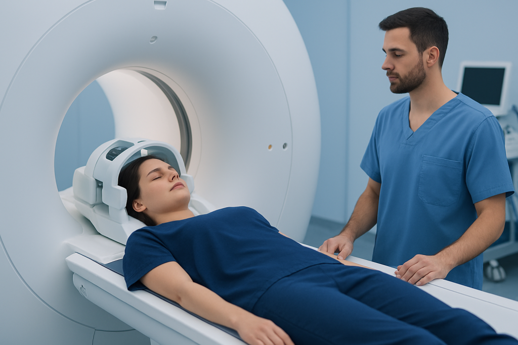 Patient undergoing MRI scan at Acibadem Hospital with medical staff present.